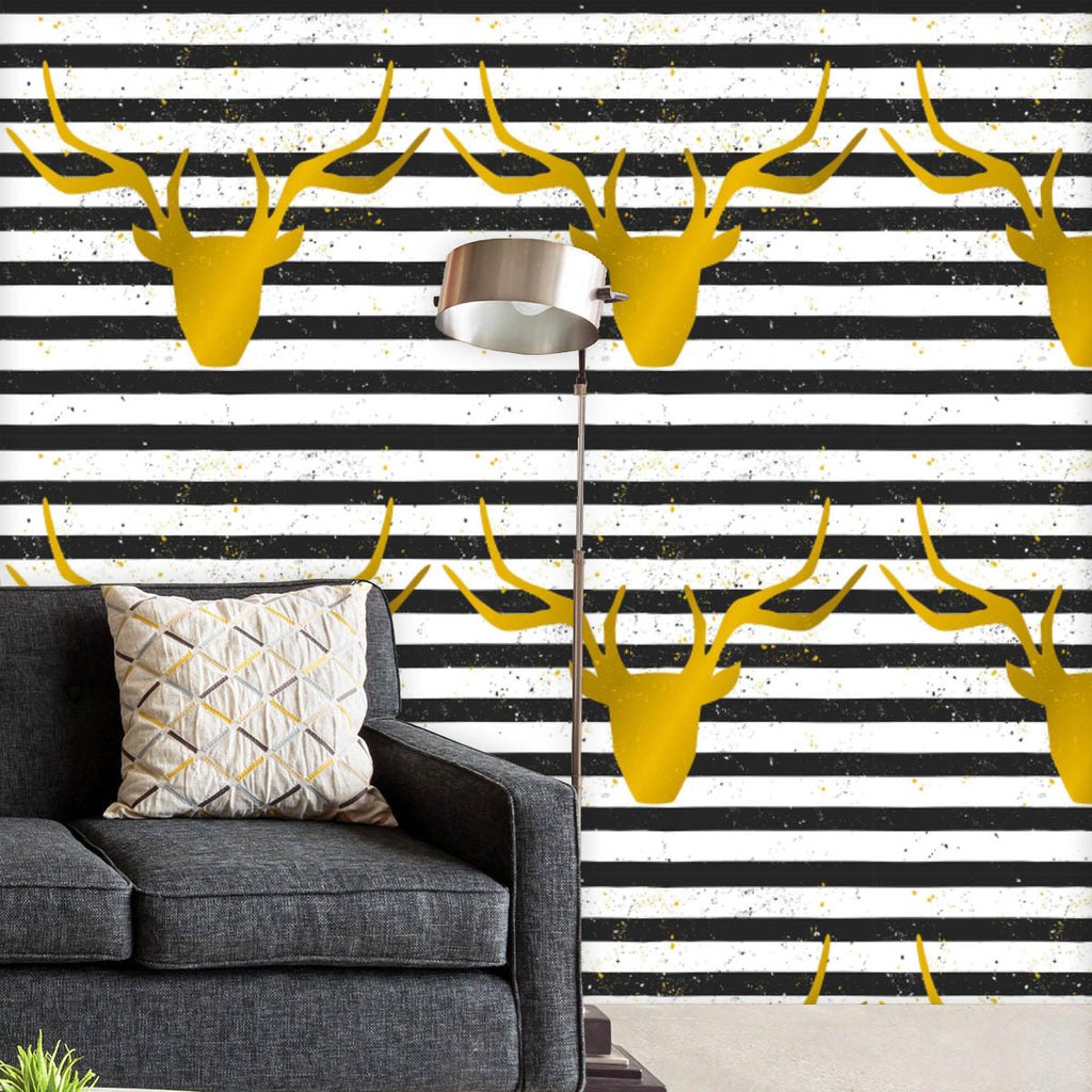 Golden Deer Head On Striped Pattern Wallpaper Roll-Wallpapers Peel & Stick-WAL_PA-IC 5007984 IC 5007984, Abstract Expressionism, Abstracts, Black, Black and White, Culture, Digital, Digital Art, Ethnic, Geometric, Geometric Abstraction, Graphic, Hipster, Illustrations, Patterns, Semi Abstract, Signs, Signs and Symbols, Stripes, Traditional, Tribal, Vintage, White, World Culture, Metallic, golden, deer, head, on, striped, pattern, wallpaper, roll, and, moose, abstract, antlers, background, brush, card, color