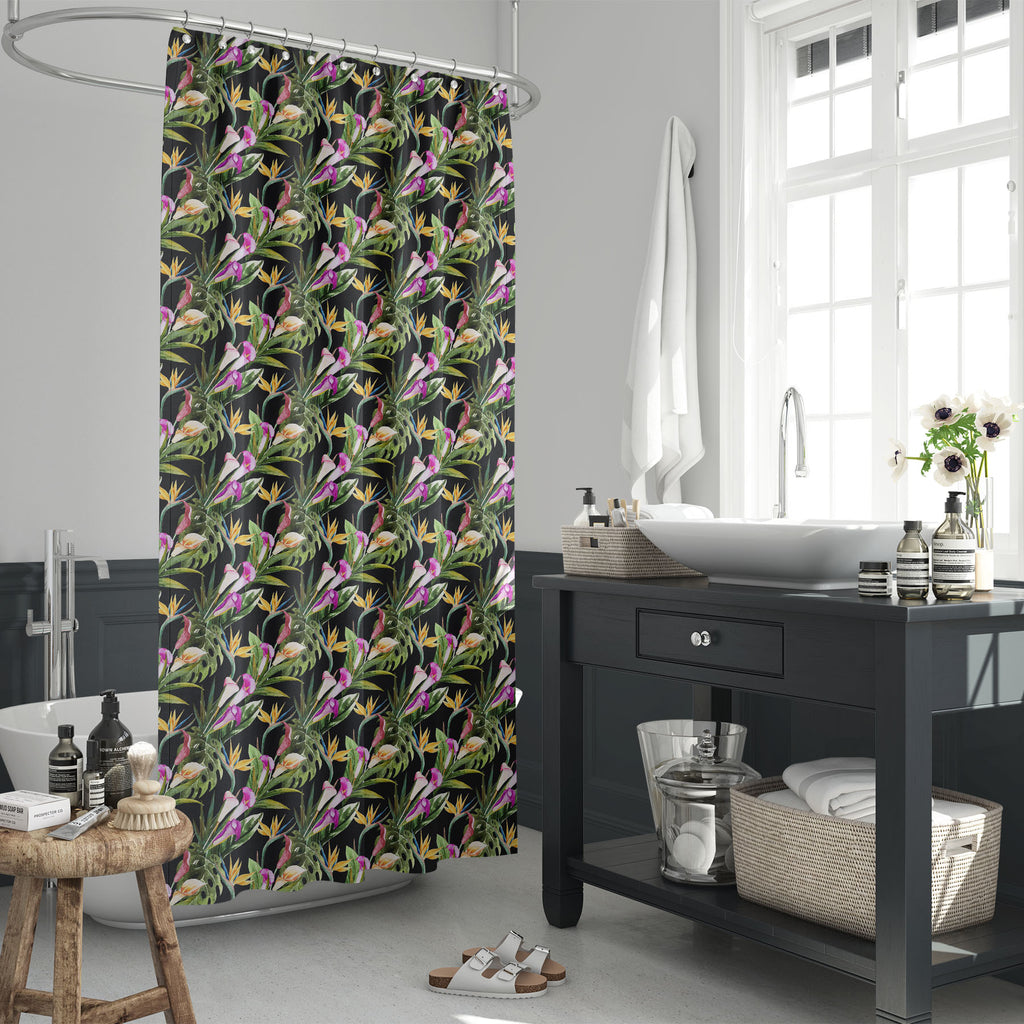 Tropical Watercolor Flowers D2 Washable Waterproof Shower Curtain-Shower Curtains-CUR_SH_EL-IC 5008047 IC 5008047, Art and Paintings, Botanical, Digital, Digital Art, Floral, Flowers, Graphic, Hawaiian, Illustrations, Nature, Patterns, Scenic, Signs, Signs and Symbols, Tropical, Watercolour, watercolor, d2, washable, waterproof, shower, curtain, aloha, art, background, beautiful, bright, calla, colorful, decoration, design, exotic, flower, green, hawaii, illustration, jungle, leaf, leaves, like, lilies, new