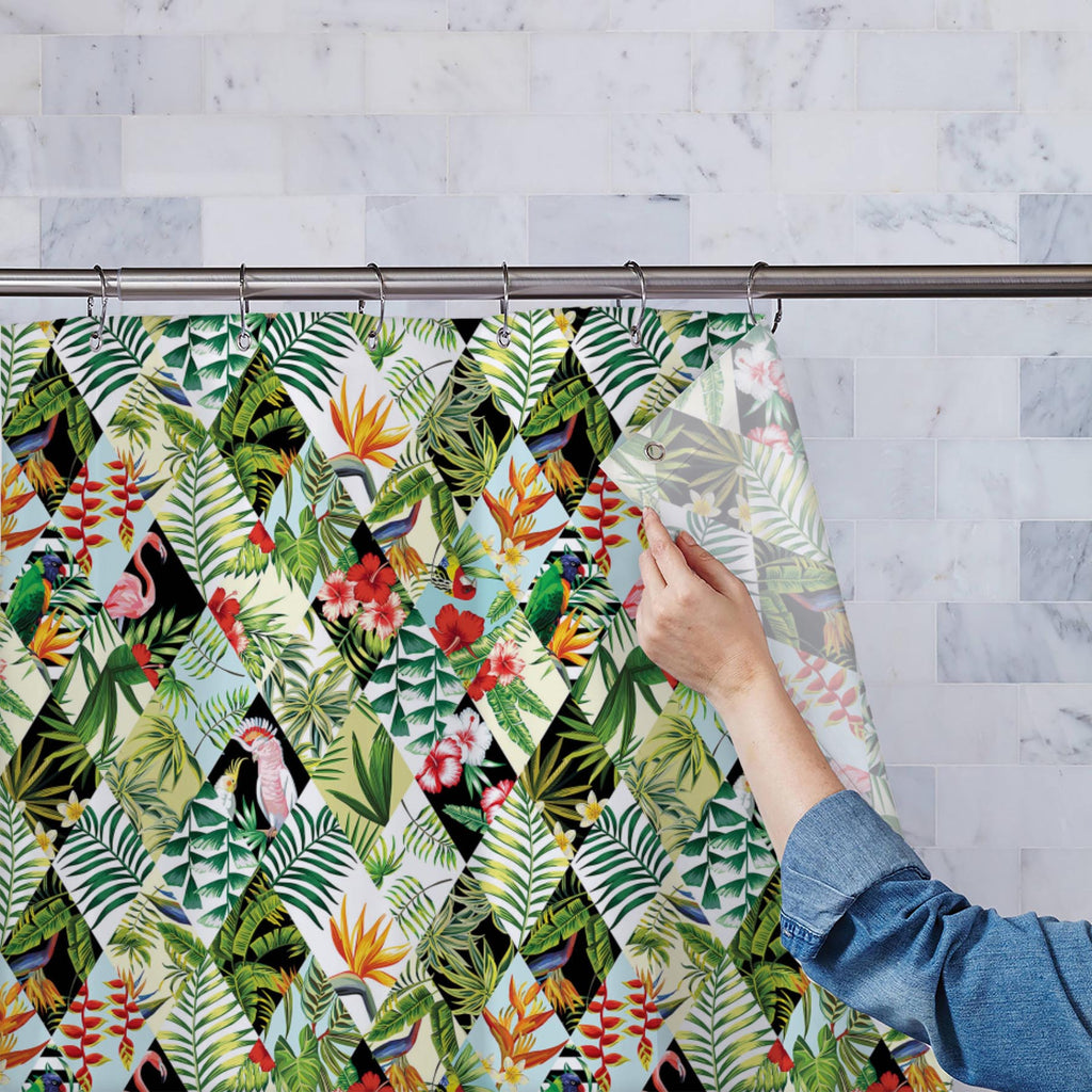 Tropical Floral & Birds Washable Waterproof Shower Curtain-Shower Curtains-CUR_SH_EL-IC 5008313 IC 5008313, Abstract Expressionism, Abstracts, Birds, Black and White, Botanical, Decorative, Fashion, Floral, Flowers, Geometric, Geometric Abstraction, Hawaiian, Holidays, Nature, Patterns, Scenic, Semi Abstract, Signs, Signs and Symbols, Tropical, White, washable, waterproof, shower, curtain, parrot, jungle, exotic, flamingo, patchwork, background, parrots, pattern, abstract, aloha, backdrop, beach, bird, bran