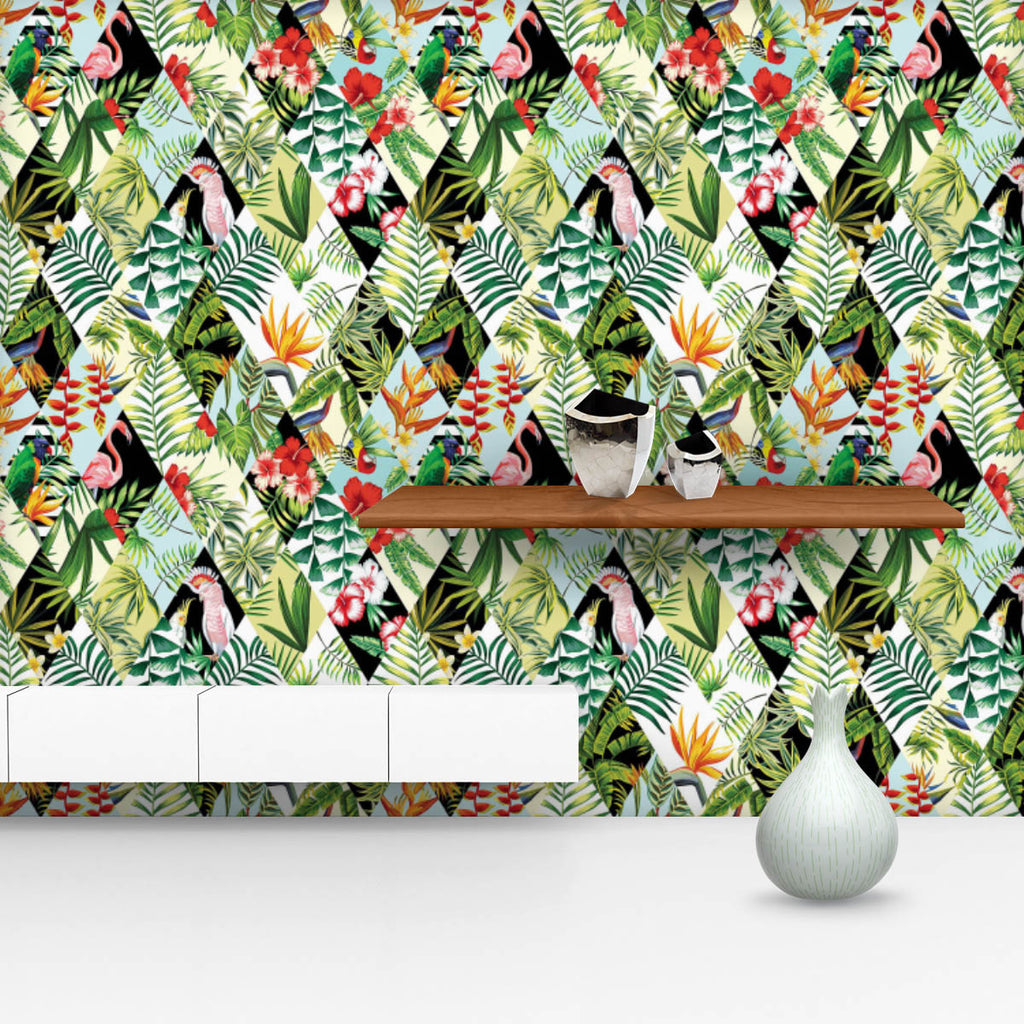 Tropical Floral & Birds Wallpaper Roll-Wallpapers Peel & Stick-WAL_PA-IC 5008313 IC 5008313, Abstract Expressionism, Abstracts, Birds, Black and White, Botanical, Decorative, Fashion, Floral, Flowers, Geometric, Geometric Abstraction, Hawaiian, Holidays, Nature, Patterns, Scenic, Semi Abstract, Signs, Signs and Symbols, Tropical, White, wallpaper, roll, parrot, jungle, exotic, flamingo, patchwork, background, parrots, pattern, abstract, aloha, backdrop, beach, bird, branch, colorful, cover, decoration, desi