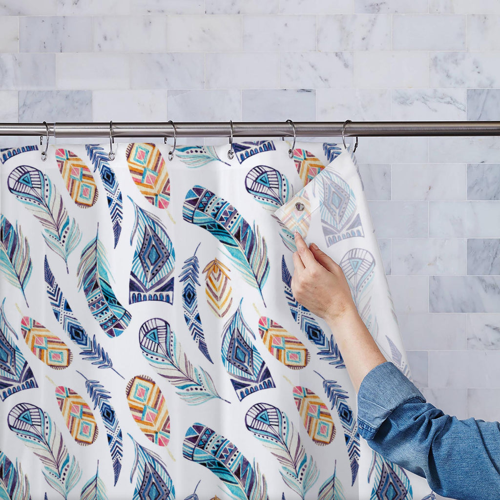 Ethnic Feathers Washable Waterproof Shower Curtain-Shower Curtains-CUR_SH_EL-IC 5008380 IC 5008380, Abstract Expressionism, Abstracts, Ancient, Art and Paintings, Aztec, Black and White, Culture, Digital, Digital Art, Drawing, Ethnic, Geometric, Geometric Abstraction, Graphic, Historical, Illustrations, Indian, Medieval, Patterns, Semi Abstract, Signs, Signs and Symbols, Traditional, Triangles, Tribal, Vintage, Watercolour, White, World Culture, feathers, washable, waterproof, shower, curtain, abstract, art