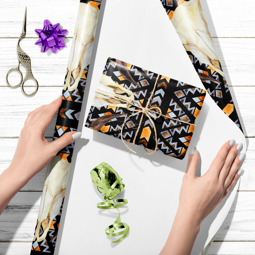Buffalo Skull D2 Art & Craft Gift Wrapping Paper-Wrapping Papers-WRP_PP-IC 5008391 IC 5008391, Abstract Expressionism, Abstracts, American, Ancient, Art and Paintings, Aztec, Black, Black and White, Culture, Decorative, Diamond, Digital, Digital Art, Ethnic, Fashion, Folk Art, Geometric, Geometric Abstraction, Graphic, Historical, Illustrations, Indian, Medieval, Mexican, Patterns, Semi Abstract, Signs, Signs and Symbols, Stripes, Traditional, Triangles, Tribal, Vintage, Watercolour, World Culture, buffalo,