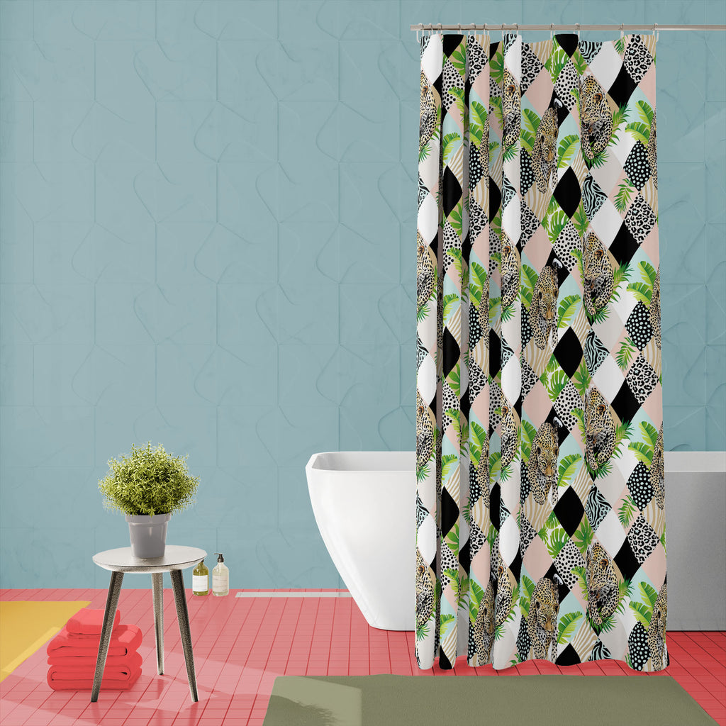 Tropical Palm Leaves & Leopard Washable Waterproof Shower Curtain-Shower Curtains-CUR_SH_EL-IC 5008399 IC 5008399, Abstract Expressionism, Abstracts, Animals, Art and Paintings, Botanical, Culture, Decorative, Digital, Digital Art, Drawing, Ethnic, Floral, Flowers, Graphic, Hawaiian, Illustrations, Nature, Patterns, Scenic, Semi Abstract, Signs, Signs and Symbols, Traditional, Tribal, Tropical, World Culture, palm, leaves, leopard, washable, waterproof, shower, curtain, abstract, animal, art, background, be