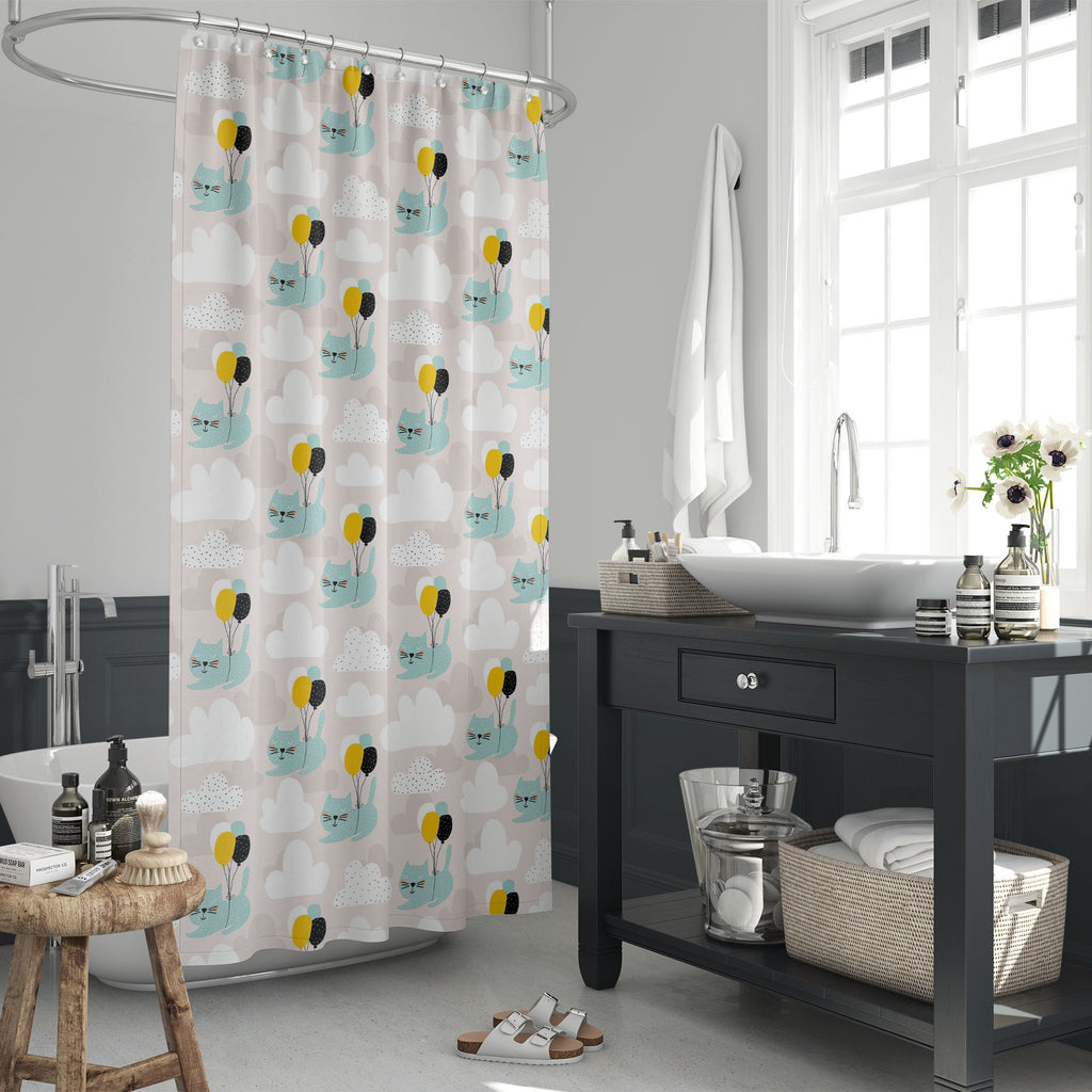 Cats Flying With Balloon Washable Waterproof Shower Curtain-Shower Curtains-CUR_SH_EL-IC 5008409 IC 5008409, Animals, Animated Cartoons, Art and Paintings, Baby, Black, Black and White, Caricature, Cartoons, Children, Decorative, Drawing, Illustrations, Kids, Patterns, Scandinavian, Signs, Signs and Symbols, White, cats, flying, with, balloon, washable, waterproof, shower, curtain, animal, art, backdrop, background, brush, cartoon, cat, childish, clouds, cute, decoration, design, dog, doodle, element, fabri