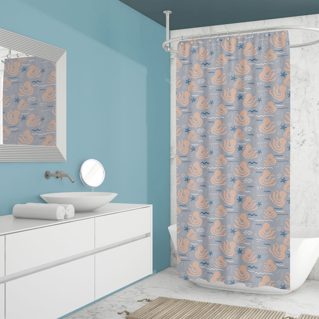 Octopus & Starfish Washable Waterproof Shower Curtain-Shower Curtains-CUR_SH_EL-IC 5008419 IC 5008419, Abstract Expressionism, Abstracts, Animated Cartoons, Art and Paintings, Black, Black and White, Caricature, Cartoons, Decorative, Drawing, Hand Drawn, Illustrations, Patterns, Scandinavian, Semi Abstract, Signs, Signs and Symbols, White, octopus, starfish, washable, waterproof, shower, curtain, abstract, art, backdrop, blue, brush, cartoon, childish, decoration, design, doodle, element, fabric, fish, hand