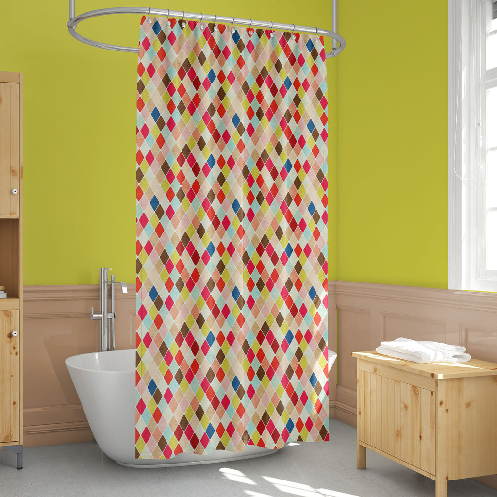 Retro Harlequin D1 Washable Waterproof Shower Curtain-Shower Curtains-CUR_SH_EL-IC 5015012 IC 5015012, Abstract Expressionism, Abstracts, Ancient, Culture, Diamond, Ethnic, Historical, Medieval, Patterns, Retro, Semi Abstract, Signs, Signs and Symbols, Traditional, Tribal, Vintage, World Culture, harlequin, d1, washable, waterproof, shower, curtain, pattern, fabric, texture, circus, background, argyle, abstract, cotton, coffee, print, classic, color, grunge, old, seamless, design, square, beige, paper, sock