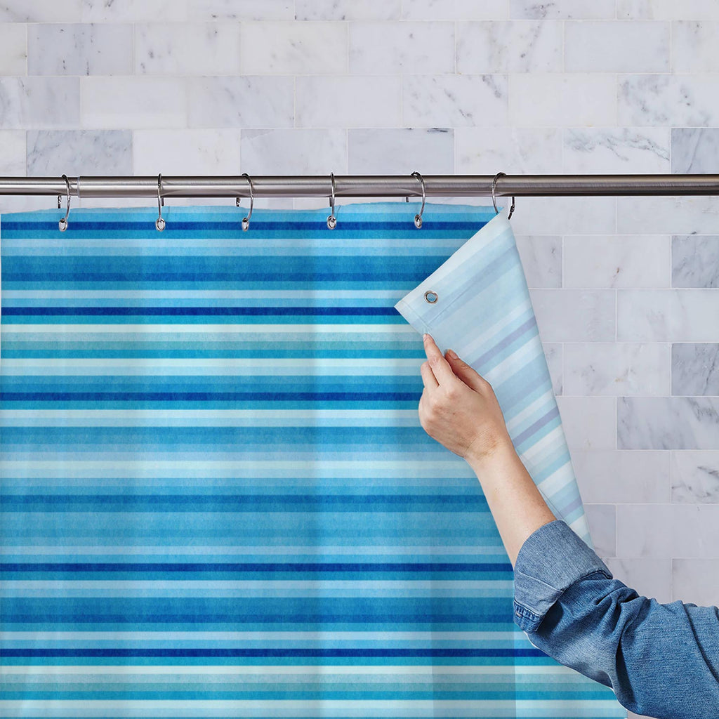 Blue Stripes Washable Waterproof Shower Curtain-Shower Curtains-CUR_SH_EL-IC 5015023 IC 5015023, Abstract Expressionism, Abstracts, Ancient, Culture, Ethnic, Fashion, Geometric, Geometric Abstraction, Historical, Medieval, Patterns, Retro, Semi Abstract, Signs, Signs and Symbols, Stripes, Traditional, Tribal, Vintage, World Culture, blue, washable, waterproof, shower, curtain, pattern, background, water, horizontal, seamless, sea, trendy, abstract, classic, fabric, funky, paper, print, texture, beige, brigh