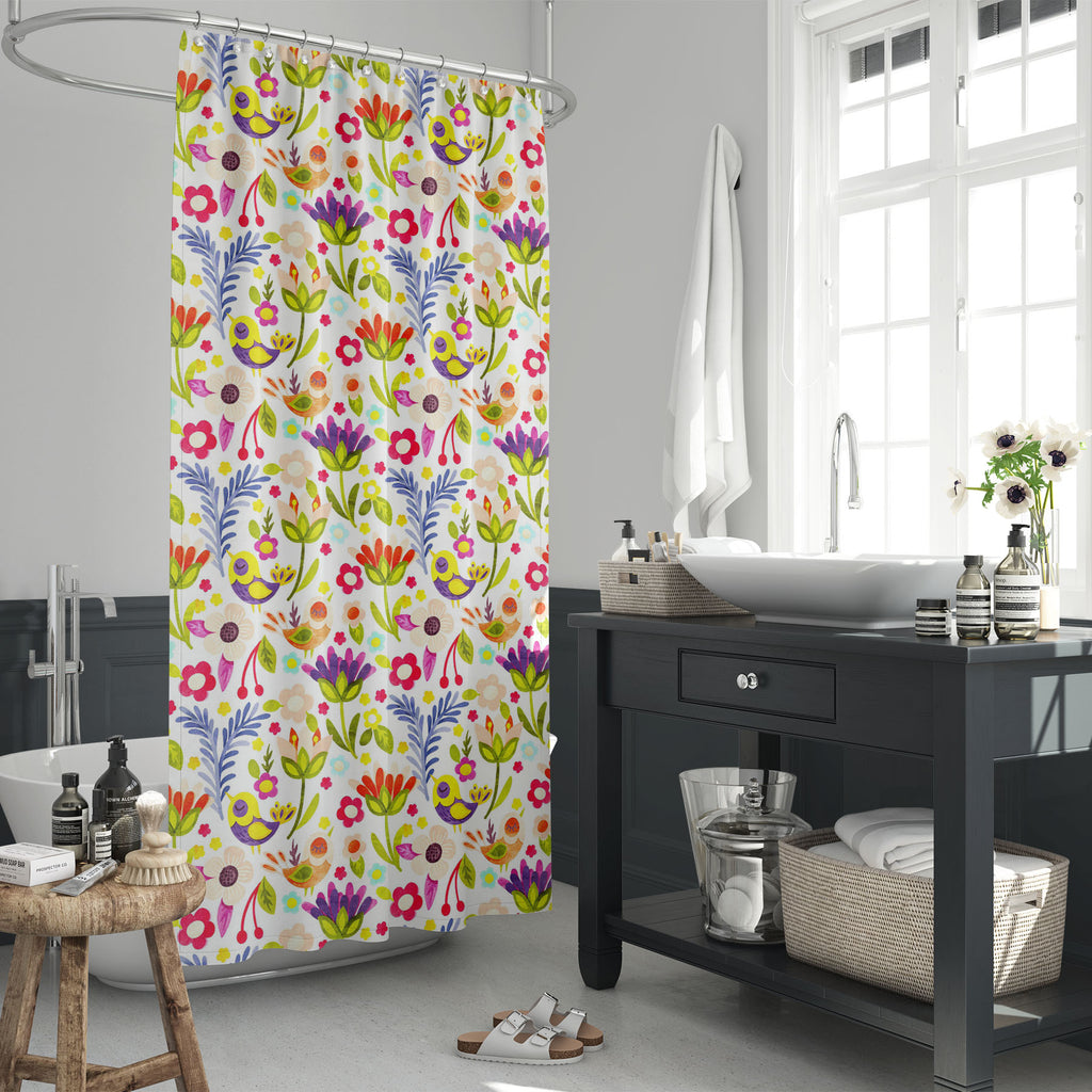 Floral Art D3 Washable Waterproof Shower Curtain-Shower Curtains-CUR_SH_EL-IC 5015399 IC 5015399, Ancient, Art and Paintings, Birds, Botanical, Floral, Flowers, Historical, Illustrations, Medieval, Nature, Patterns, Retro, Seasons, Vintage, Watercolour, art, d3, washable, waterproof, shower, curtain, cute, pattern, watercolor, autumn, backdrop, background, beautiful, branch, cherries, classic, fall, fern, field, forest, garden, green, hand, herbal, herbarium, herbs, illustration, leaf, paint, painted, paper