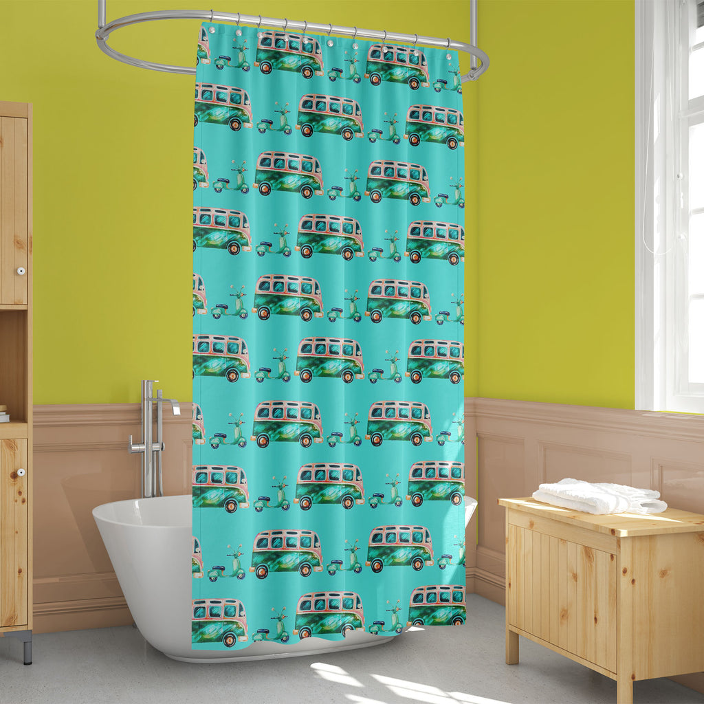 Hippie Camper Van and Scooter Washable Waterproof Shower Curtain-Shower Curtains-CUR_SH_EL-IC 5015416 IC 5015416, Ancient, Animated Cartoons, Art and Paintings, Automobiles, Bikes, Black and White, Caricature, Cars, Cartoons, Cities, City Views, Festivals, Festivals and Occasions, Festive, Hipster, Historical, Holidays, Illustrations, Medieval, Modern Art, Patterns, Retro, Signs, Signs and Symbols, Sports, Symbols, Transportation, Travel, Urban, Vehicles, Vintage, Watercolour, White, hippie, camper, van, an