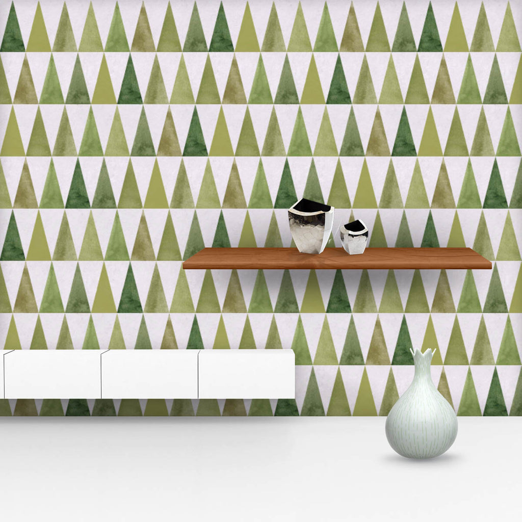 Green Triangles Wallpaper Roll-Wallpapers Peel & Stick-WAL_PA-IC 5015458 IC 5015458, Ancient, Geometric, Geometric Abstraction, Historical, Medieval, Patterns, Retro, Signs, Signs and Symbols, Triangles, Vintage, Watercolour, green, wallpaper, roll, pattern, background, backdrop, blue, bright, bunting, circus, color, cute, design, mint, paint, paper, seamless, shapes, simple, teal, texture, trendy, triangle, vibrant, watercolor, artzfolio, wallpapers for bedroom, wall papers full sheet for living room, wall