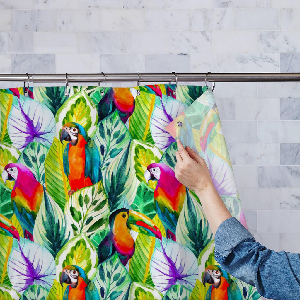 Watercolor Parrots on Tropical Leaves Washable Waterproof Shower Curtain-Shower Curtains-CUR_SH_EL-IC 5015470 IC 5015470, Animals, Art and Paintings, Birds, Black and White, Drawing, Illustrations, Mexican, Nature, Patterns, Pets, Scenic, Signs, Signs and Symbols, Tropical, Watercolour, White, Wildlife, watercolor, parrots, on, leaves, washable, waterproof, shower, curtain, animal, seamless, pattern, australia, exotic, art, begonia, illustration, jungle, mexico, new, toucan, australian, background, bird, br