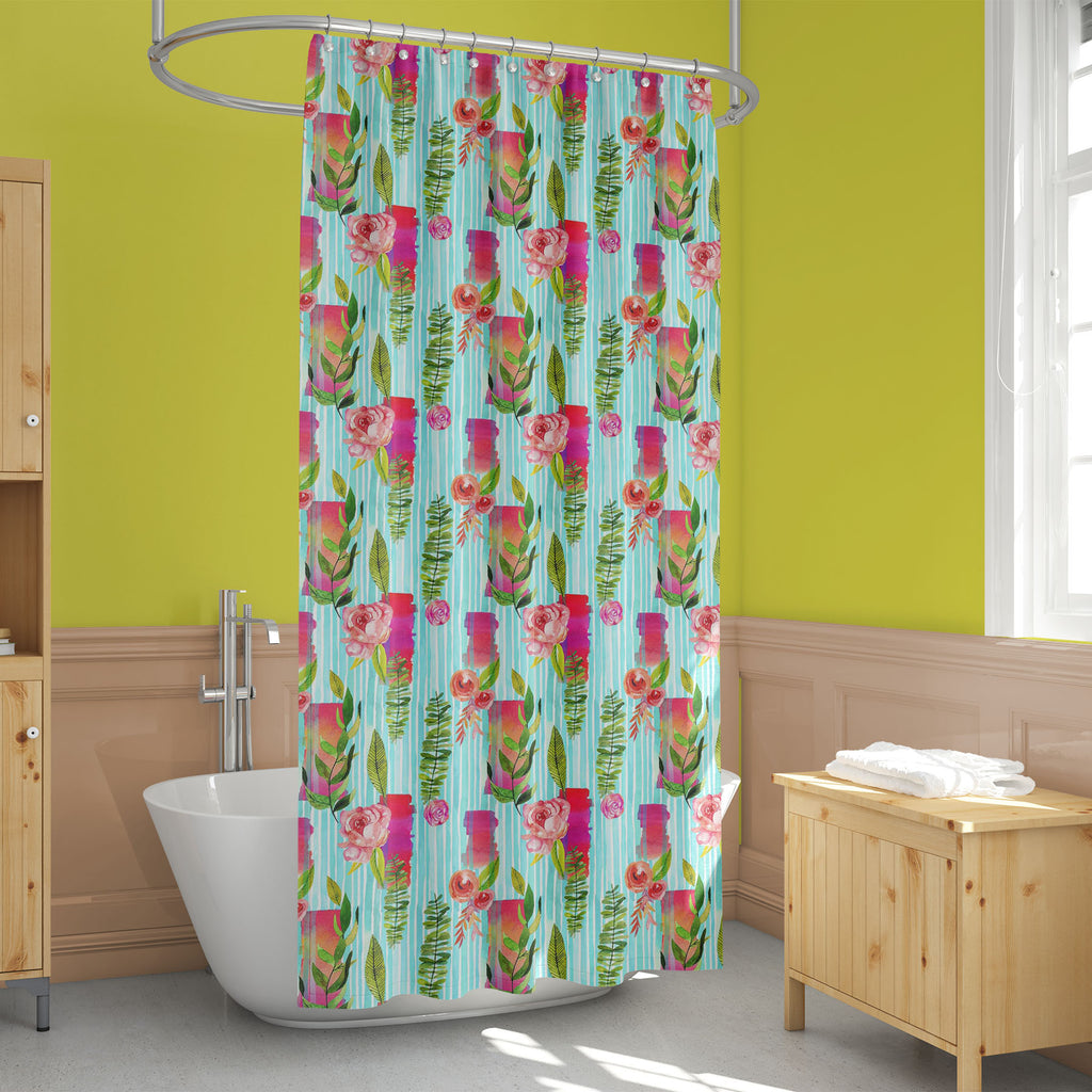 Flowers and Plants on Stripes Washable Waterproof Shower Curtain-Shower Curtains-CUR_SH_EL-IC 5015592 IC 5015592, Abstract Expressionism, Abstracts, Ancient, Black and White, Botanical, Decorative, Digital, Digital Art, Fashion, Floral, Flowers, Graphic, Historical, Illustrations, Medieval, Nature, Patterns, Scenic, Semi Abstract, Signs, Signs and Symbols, Vintage, Watercolour, White, and, plants, on, stripes, washable, waterproof, shower, curtain, pattern, watercolor, abstract, background, beautiful, beaut