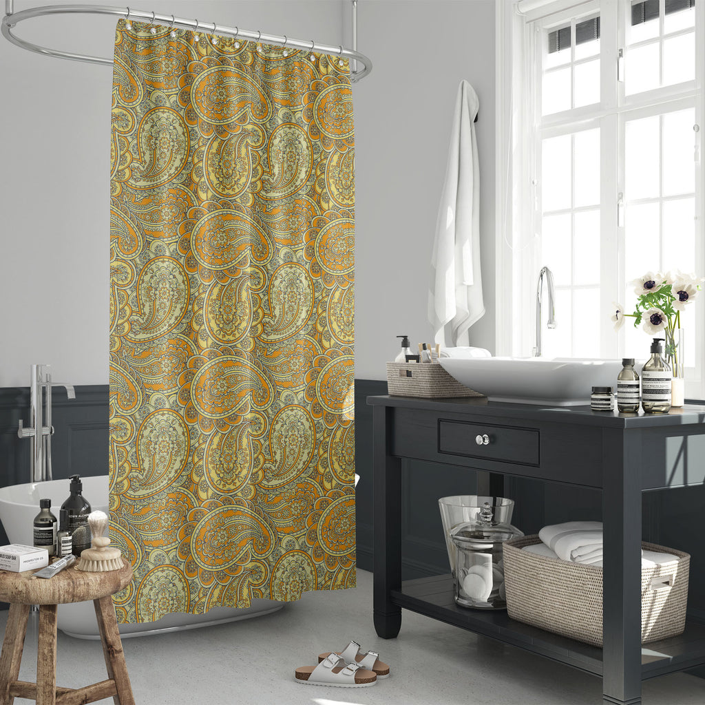 Yellow Vintage Paisley Washable Waterproof Shower Curtain-Shower Curtains-CUR_SH_EL-IC 5015651 IC 5015651, Abstract Expressionism, Abstracts, Ancient, Botanical, Culture, Decorative, Digital, Digital Art, Ethnic, Floral, Flowers, Graphic, Historical, Illustrations, Indian, Medieval, Modern Art, Nature, Paisley, Patterns, Persian, Retro, Semi Abstract, Signs, Signs and Symbols, Traditional, Tribal, Vintage, World Culture, yellow, washable, waterproof, shower, curtain, seamless, abstract, backdrop, background