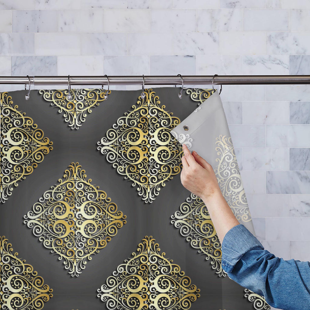 Damask Pattern D5 Washable Waterproof Shower Curtain-Shower Curtains-CUR_SH_EL-IC 5015712 IC 5015712, 3D, Abstract Expressionism, Abstracts, Art and Paintings, Baroque, Black, Black and White, Botanical, Damask, Decorative, Floral, Flowers, Illustrations, Modern Art, Nature, Patterns, Retro, Rococo, Semi Abstract, Signs, Signs and Symbols, Victorian, Vintage, Metallic, pattern, d5, washable, waterproof, shower, curtain, seamless, golden, background, element, flower, abstract, antique, art, backdrop, classic