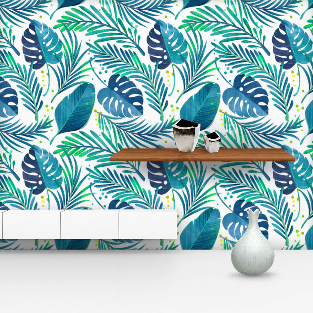 Tropical Leaves D2 Wallpaper Roll-Wallpapers Peel & Stick-WAL_PA-IC 5015718 IC 5015718, Botanical, Floral, Flowers, Illustrations, Nature, Patterns, Seasons, Signs, Signs and Symbols, Tropical, Watercolour, leaves, d2, wallpaper, roll, pattern, texture, leaf, seamless, forest, watercolor, backdrop, background, blue, branch, bright, colorful, decoration, design, flora, garden, green, hot, illustration, jungle, palm, plant, rain, season, summer, teal, tree, trendy, turquoise, artzfolio, wallpapers for bedroom