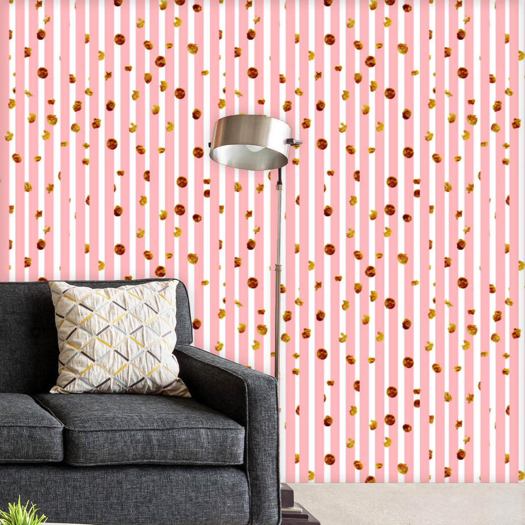 Pink Stripes Gold Dots Wallpaper Roll-Wallpapers Peel & Stick-WAL_PA-IC 5015742 IC 5015742, Abstract Expressionism, Abstracts, Art and Paintings, Black and White, Chevron, Decorative, Digital, Digital Art, Dots, Geometric, Geometric Abstraction, Graphic, Hearts, Holidays, Illustrations, Love, Modern Art, Patterns, Retro, Romance, Semi Abstract, Signs, Signs and Symbols, Stripes, Vintage, Wedding, White, Metallic, pink, gold, wallpaper, roll, pattern, abstract, amour, art, backdrop, background, big, celebrat