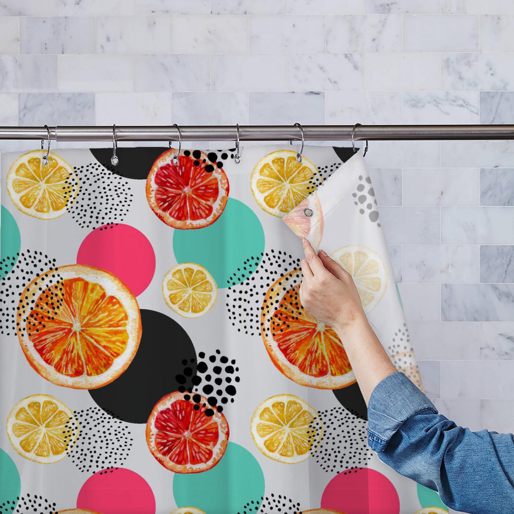 Watercolor Fruits and Abstract Circles Washable Waterproof Shower Curtain-Shower Curtains-CUR_SH_EL-IC 5015820 IC 5015820, Abstract Expressionism, Abstracts, Art and Paintings, Black, Black and White, Circle, Fruit and Vegetable, Fruits, Illustrations, Nature, Patterns, Scenic, Semi Abstract, Signs, Signs and Symbols, Tropical, Watercolour, White, watercolor, and, abstract, circles, washable, waterproof, shower, curtain, grapefruit, lemon, pattern, fruit, illustration, bright, color, draw, orange, art, back