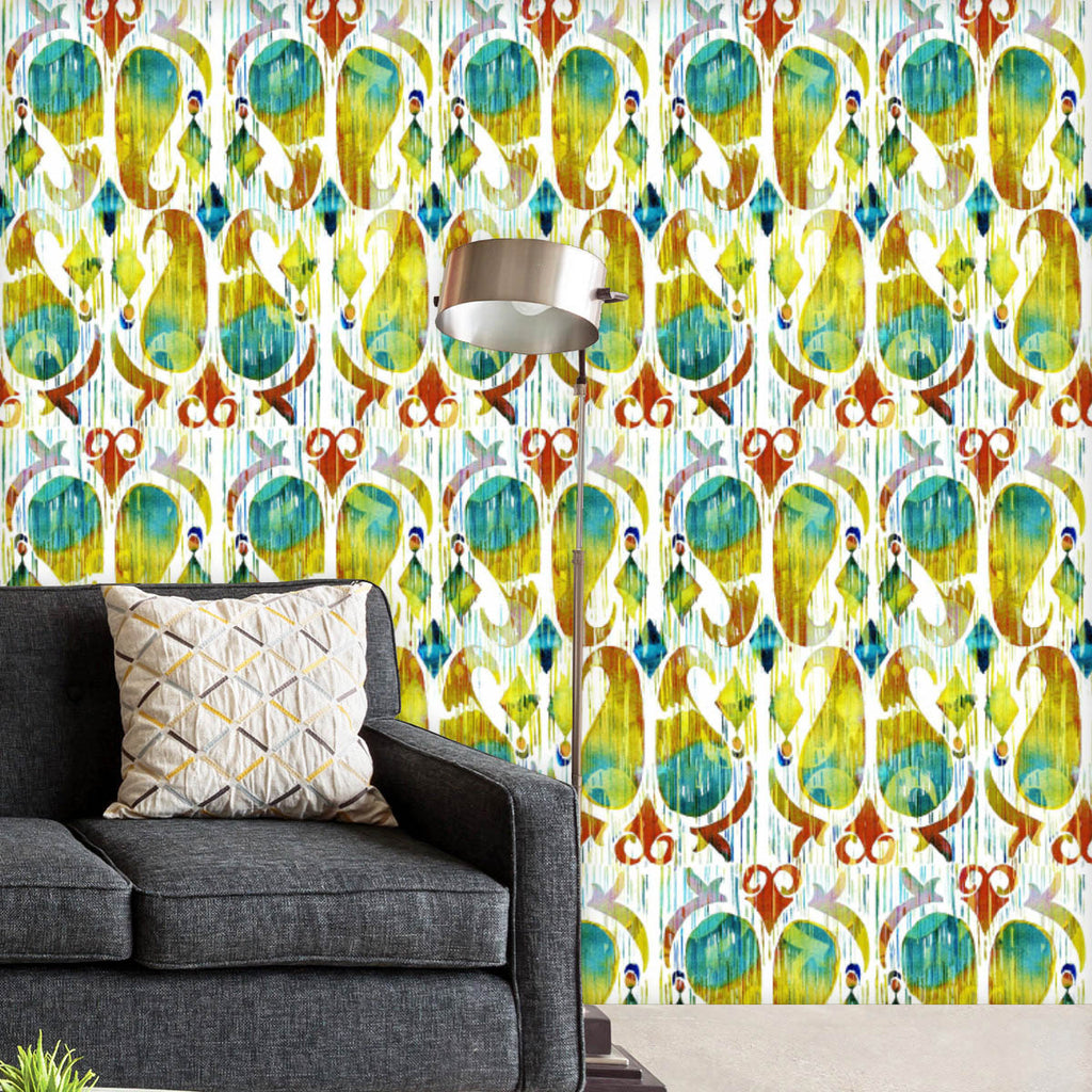 Ikat Peacock Feather Wallpaper Roll-Wallpapers Peel & Stick-WAL_PA-IC 5015844 IC 5015844, Art and Paintings, Aztec, Bohemian, Botanical, Culture, Decorative, Ethnic, Fashion, Floral, Flowers, Folk Art, Ikat, Indian, Japanese, Nature, Patterns, Shibori, Signs, Signs and Symbols, Stripes, Traditional, Tribal, Watercolour, World Culture, peacock, feather, wallpaper, roll, pattern, dye, folk, indonesian, tie, watercolor, art, artistic, authentic, blurred, boho, chic, colorful, design, fabric, interior, luxury, 