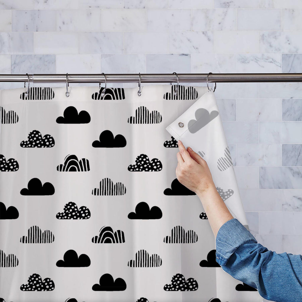 Repeating Black Cloud Shapes Washable Waterproof Shower Curtain-Shower Curtains-CUR_SH_EL-IC 5015857 IC 5015857, Art and Paintings, Black, Black and White, Decorative, Digital, Digital Art, Dots, Fashion, Graphic, Illustrations, Modern Art, Nature, Patterns, Retro, Scenic, Seasons, Signs, Signs and Symbols, Stripes, White, repeating, cloud, shapes, washable, waterproof, shower, curtain, pattern, cute, weather, art, autumn, creative, doodle, seamless, backdrop, background, decoration, design, element, fabric