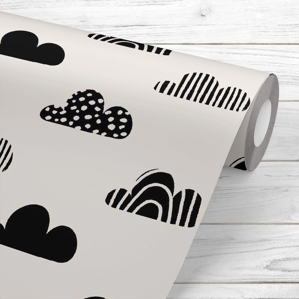Repeating Black Cloud Shapes Wallpaper Roll-Wallpapers Peel & Stick-WAL_PA-IC 5015857 IC 5015857, Art and Paintings, Black, Black and White, Decorative, Digital, Digital Art, Dots, Fashion, Graphic, Illustrations, Modern Art, Nature, Patterns, Retro, Scenic, Seasons, Signs, Signs and Symbols, Stripes, White, repeating, cloud, shapes, wallpaper, roll, pattern, cute, weather, art, autumn, creative, doodle, seamless, backdrop, background, decoration, design, element, fabric, fall, illustration, monochrome, pap