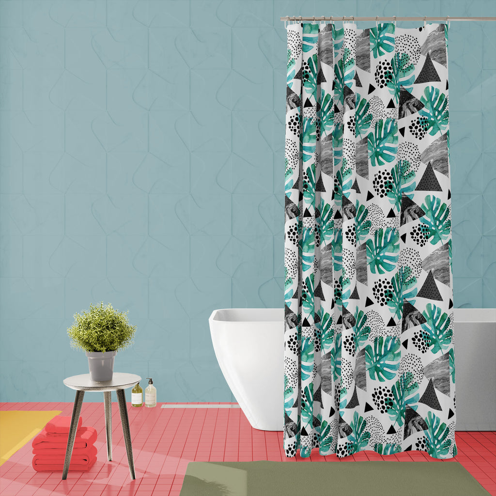 Watercolor Tropical Leaves & Triangles Washable Waterproof Shower Curtain-Shower Curtains-CUR_SH_EL-IC 5015971 IC 5015971, 80s, 90s, Abstract Expressionism, Abstracts, Ancient, Art and Paintings, Automobiles, Black, Black and White, Bling, Digital, Digital Art, Dots, Geometric, Geometric Abstraction, Graphic, Grid Art, Hipster, Historical, Illustrations, Marble, Marble and Stone, Medieval, Patterns, Pop Art, Retro, Semi Abstract, Signs, Signs and Symbols, Transportation, Travel, Triangles, Tropical, Vehicle