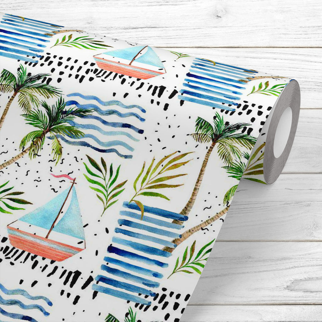 Abstract Summer Sailboat, Leaves Wallpaper Roll - Wallpapers Peel & Stick - ArtzFolio.com