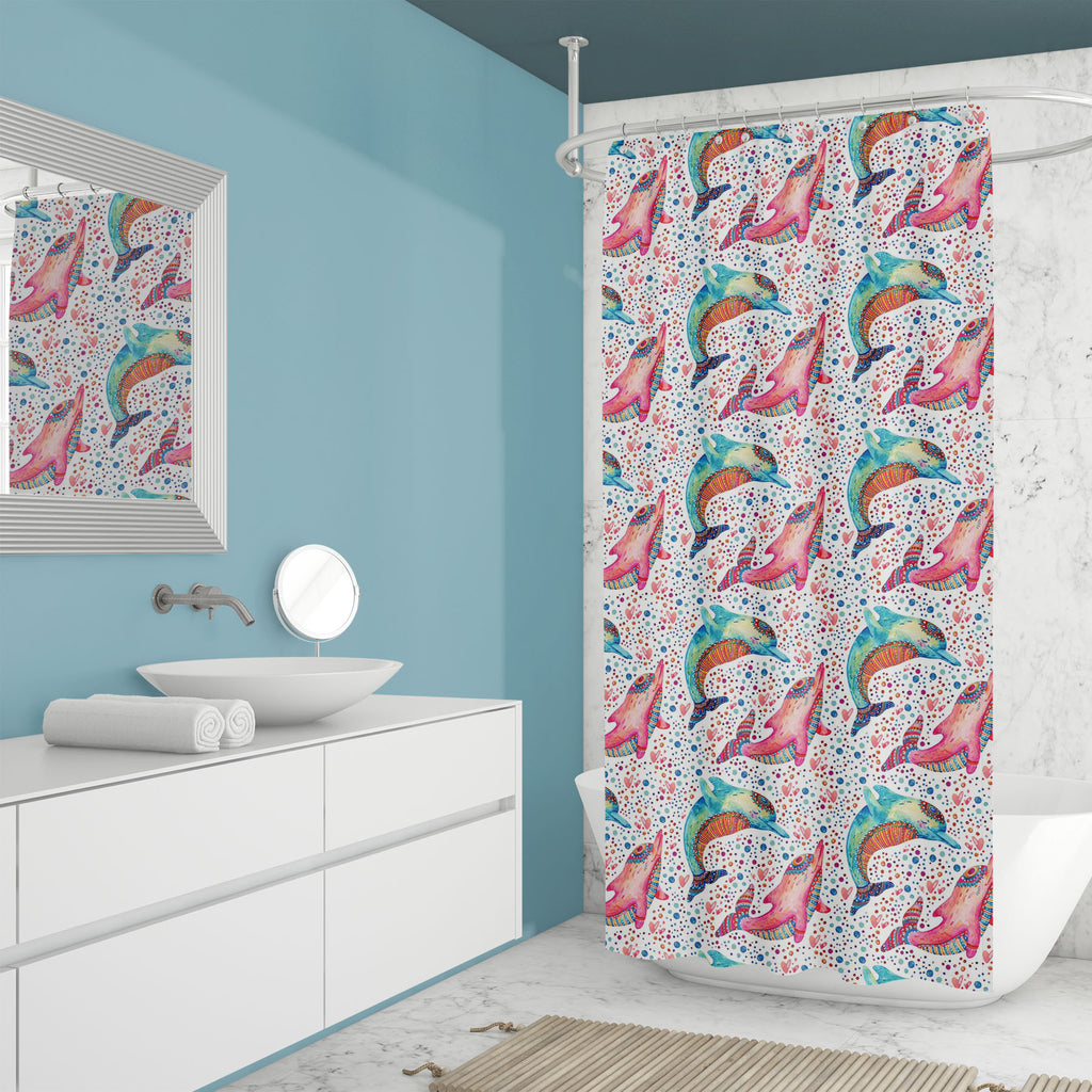 Cartoon Dolphins with Bubbles Washable Waterproof Shower Curtain-Shower Curtains-CUR_SH_EL-IC 5016012 IC 5016012, Animals, Animated Cartoons, Art and Paintings, Baby, Black and White, Books, Caricature, Cartoons, Children, Culture, Decorative, Dots, Ethnic, Illustrations, Kids, Patterns, Traditional, Tribal, Watercolour, White, World Culture, cartoon, dolphins, with, bubbles, washable, waterproof, shower, curtain, pattern, fish, paint, childish, cute, watercolor, animal, aquatic, art, bead, blob, blue, bubb