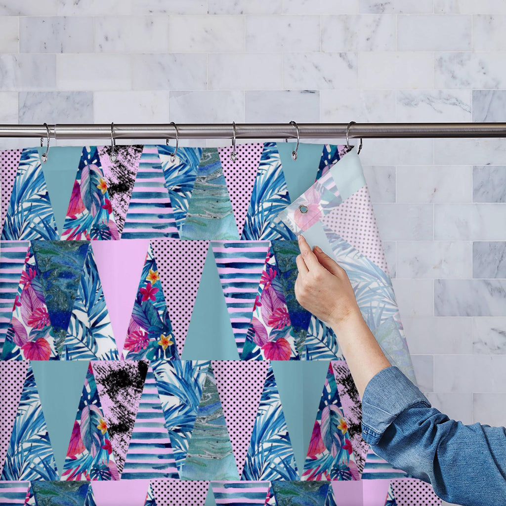Colorful Tropical Leaves and Triangles Washable Waterproof Shower Curtain-Shower Curtains-CUR_SH_EL-IC 5016048 IC 5016048, Abstract Expressionism, Abstracts, Bling, Botanical, Digital, Digital Art, Dots, Drawing, Floral, Flowers, Graphic, Illustrations, Marble, Marble and Stone, Modern Art, Nature, Patterns, Scenic, Seasons, Semi Abstract, Signs, Signs and Symbols, Stripes, Triangles, Tropical, Watercolour, colorful, leaves, and, washable, waterproof, shower, curtain, flower, seamless, background, paint, ab