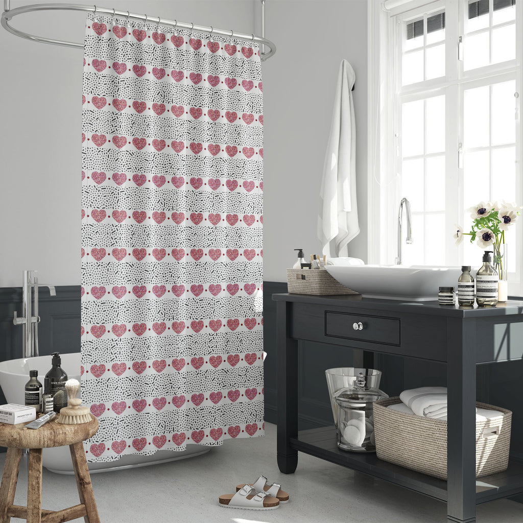 Red Dots and Hearts Washable Waterproof Shower Curtain-Shower Curtains-CUR_SH_EL-IC 5016151 IC 5016151, Abstract Expressionism, Abstracts, Ancient, Art and Paintings, Black and White, Decorative, Dots, Geometric, Geometric Abstraction, Hearts, Historical, Holidays, Illustrations, Love, Medieval, Patterns, Retro, Romance, Semi Abstract, Signs, Signs and Symbols, Stripes, Symbols, Vintage, Wedding, White, red, and, washable, waterproof, shower, curtain, abstract, art, backdrop, background, brush, color, cover