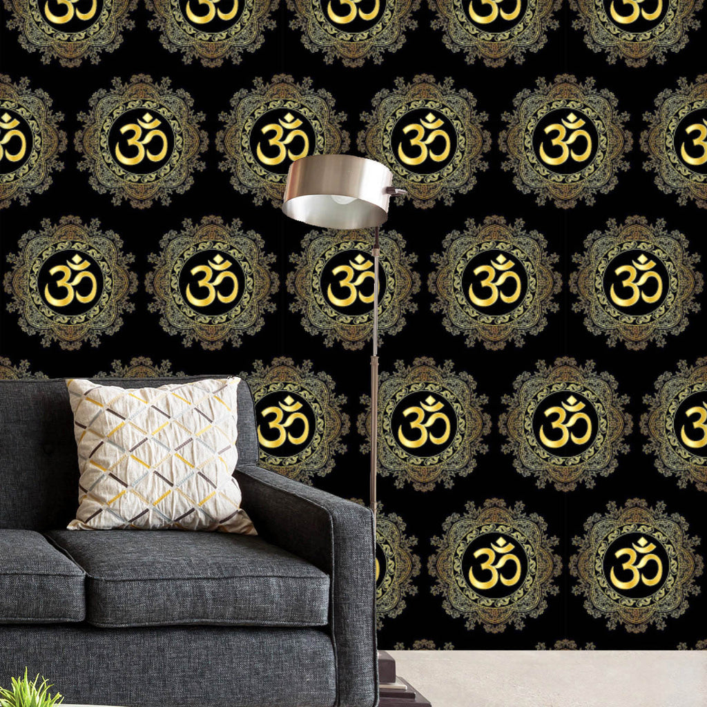 Gold Om Mantra and Mandala Wallpaper Roll-Wallpapers Peel & Stick-WAL_PA-IC 5016166 IC 5016166, Abstract Expressionism, Abstracts, Black, Black and White, Bohemian, Botanical, Culture, Decorative, Ethnic, Fashion, Floral, Flowers, Illustrations, Indian, Mandala, Minimalism, Modern Art, Nature, Patterns, Scenic, Semi Abstract, Signs, Signs and Symbols, Symbols, Traditional, Tribal, World Culture, gold, om, mantra, and, wallpaper, roll, abstract, background, boho, composition, contemporary, decoration, design
