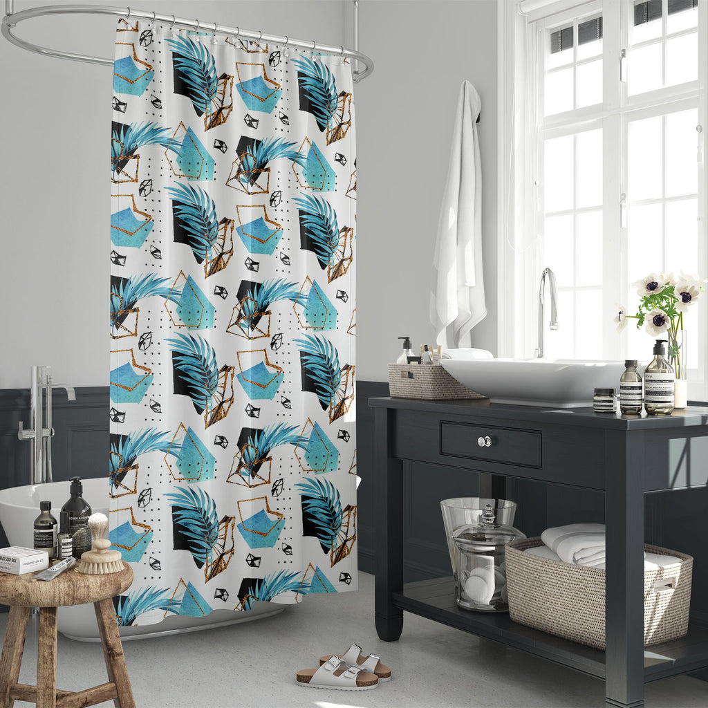 Geometric Tropical Leaves Washable Waterproof Shower Curtain-Shower Curtains-CUR_SH_EL-IC 5016179 IC 5016179, 80s, 90s, Abstract Expressionism, Abstracts, Art and Paintings, Black and White, Digital, Digital Art, Geometric, Geometric Abstraction, Graphic, Hipster, Illustrations, Marble and Stone, Minimalism, Patterns, Semi Abstract, Signs, Signs and Symbols, Tropical, Watercolour, White, leaves, washable, waterproof, shower, curtain, pattern, seamless, minimal, abstract, doodle, gems, memphis, palm, leaf, s