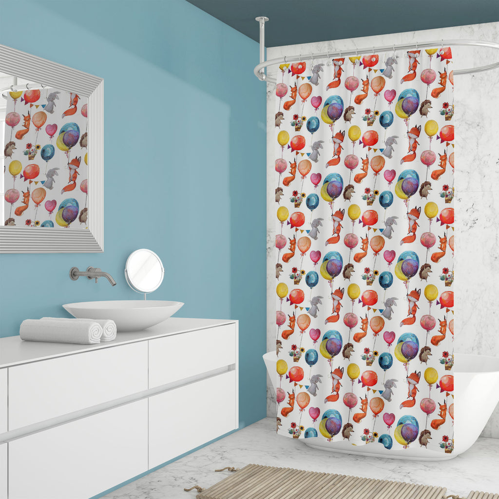 Animals with Balloons Washable Waterproof Shower Curtain-Shower Curtains-CUR_SH_EL-IC 5016199 IC 5016199, Ancient, Animals, Animated Cartoons, Art and Paintings, Baby, Birthday, Black and White, Botanical, Caricature, Cartoons, Children, Culture, Digital, Digital Art, Ethnic, Floral, Flowers, Graphic, Historical, Illustrations, Kids, Medieval, Nature, Patterns, Signs, Signs and Symbols, Sketches, Traditional, Tribal, Vintage, Watercolour, White, Wildlife, World Culture, with, balloons, washable, waterproof,