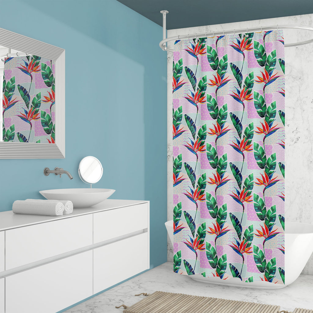 Tropical Flowers Washable Waterproof Shower Curtain-Shower Curtains-CUR_SH_EL-IC 5016367 IC 5016367, Art and Paintings, Botanical, Digital, Digital Art, Dots, Floral, Flowers, Geometric, Geometric Abstraction, Graphic, Illustrations, Minimalism, Nature, Patterns, Scenic, Signs, Signs and Symbols, Tropical, Watercolour, washable, waterproof, shower, curtain, flower, leaf, pattern, scribble, style, summer, watercolor, art, background, banana, bird-of-paradise, blue, color, dash, design, doodle, element, exoti