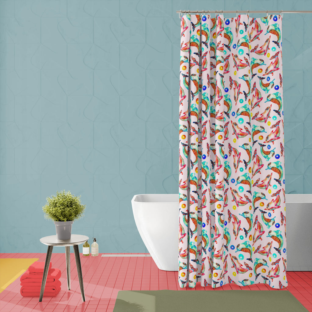 Watercolor Cartoon Dolphins Washable Waterproof Shower Curtain-Shower Curtains-CUR_SH_EL-IC 5016745 IC 5016745, Animals, Animated Cartoons, Art and Paintings, Baby, Black and White, Books, Caricature, Cartoons, Children, Circle, Culture, Decorative, Dots, Ethnic, Illustrations, Kids, Nature, Patterns, Scenic, Signs, Signs and Symbols, Traditional, Tribal, Watercolour, White, World Culture, watercolor, cartoon, dolphins, washable, waterproof, shower, curtain, animal, art, blue, bubble, character, childish, c