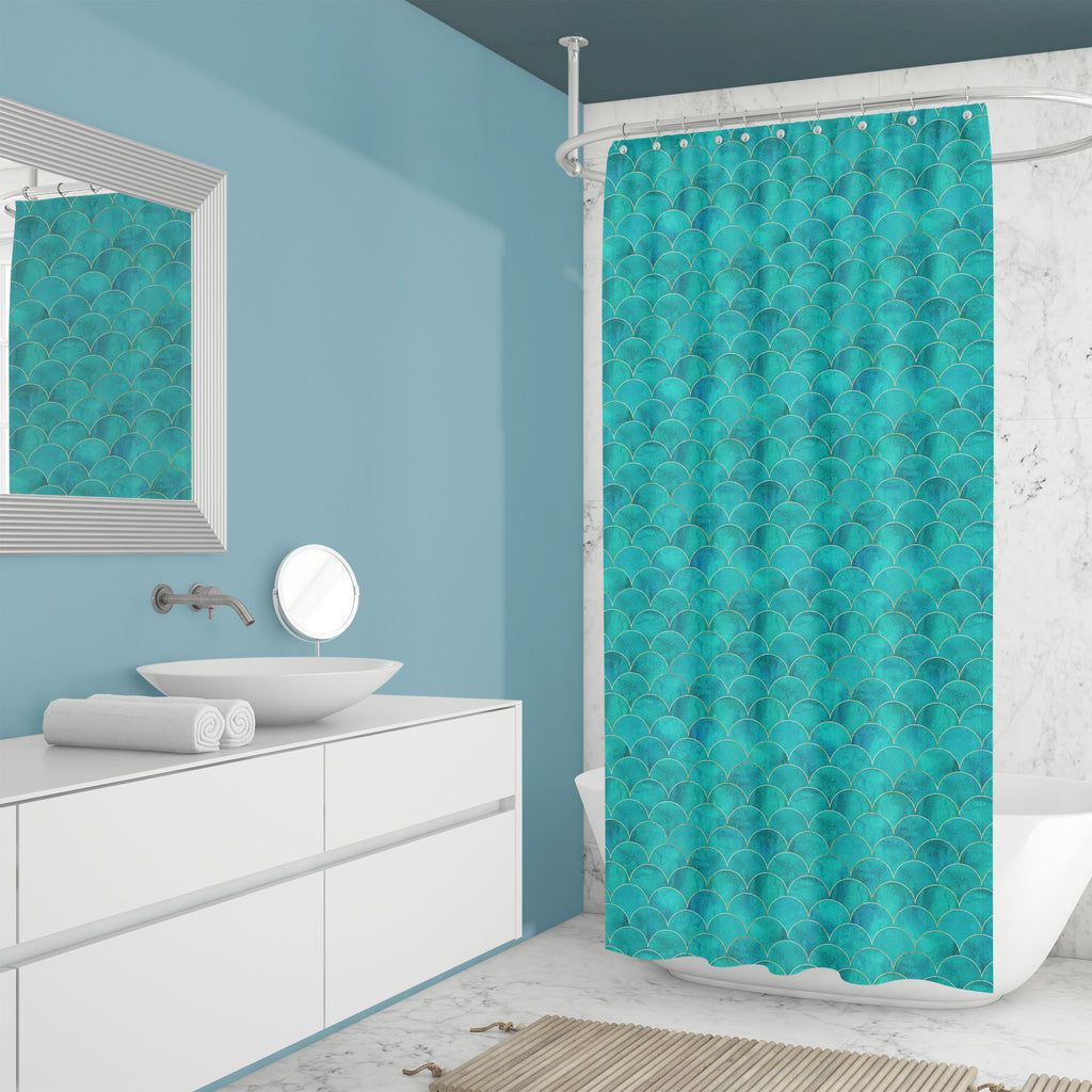 Mermaid Fish Scale Wave Washable Waterproof Shower Curtain-Shower Curtains-CUR_SH_EL-IC 5016883 IC 5016883, Abstract Expressionism, Abstracts, Art and Paintings, Culture, Ethnic, Geometric, Geometric Abstraction, Illustrations, Japanese, Mermaid, Nautical, Patterns, Retro, Semi Abstract, Signs, Signs and Symbols, Traditional, Tribal, Watercolour, World Culture, fish, scale, wave, washable, waterproof, shower, curtain, pattern, wallpaper, seamless, texture, background, turquoise, teal, blue, fabric, gold, go