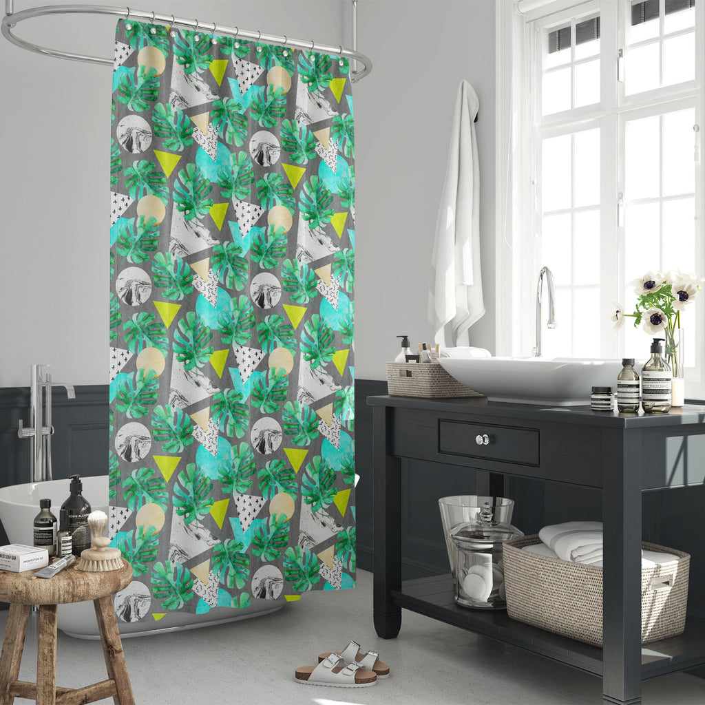 Watercolor Monstera Leaves & Triangles Washable Waterproof Shower Curtain-Shower Curtains-CUR_SH_EL-IC 5016951 IC 5016951, 80s, 90s, Abstract Expressionism, Abstracts, Ancient, Art and Paintings, Automobiles, Bling, Botanical, Circle, Cross, Digital, Digital Art, Dots, Floral, Flowers, Geometric, Geometric Abstraction, Graphic, Historical, Illustrations, Marble, Marble and Stone, Medieval, Nature, Patterns, Pop Art, Retro, Semi Abstract, Signs, Signs and Symbols, Transportation, Travel, Triangles, Tropical,