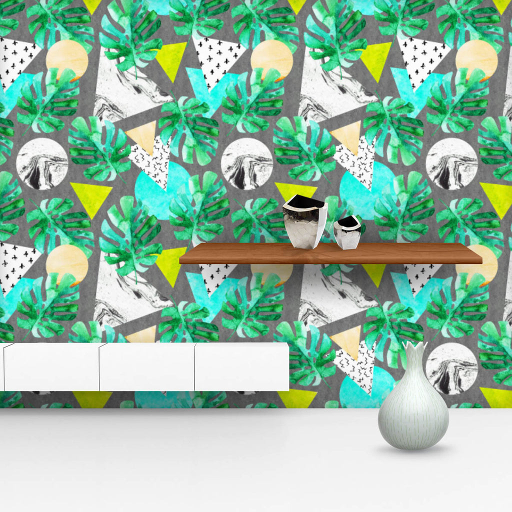 Watercolor Monstera Leaves & Triangles Wallpaper Roll-Wallpapers Peel & Stick-WAL_PA-IC 5016951 IC 5016951, 80s, 90s, Abstract Expressionism, Abstracts, Ancient, Art and Paintings, Automobiles, Bling, Botanical, Circle, Cross, Digital, Digital Art, Dots, Floral, Flowers, Geometric, Geometric Abstraction, Graphic, Historical, Illustrations, Marble, Marble and Stone, Medieval, Nature, Patterns, Pop Art, Retro, Semi Abstract, Signs, Signs and Symbols, Transportation, Travel, Triangles, Tropical, Vehicles, Vint