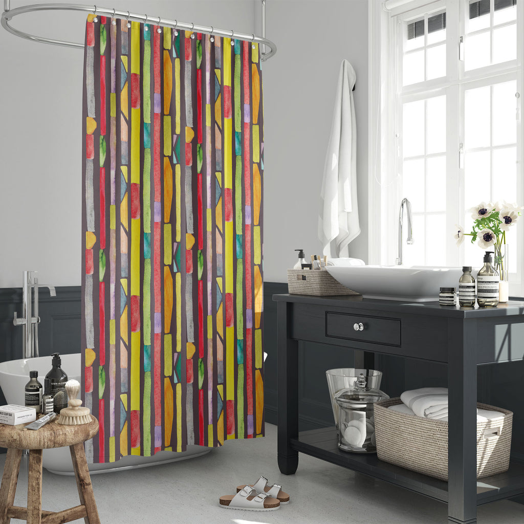 Watercolor Bauhaus Stripes Washable Waterproof Shower Curtain-Shower Curtains-CUR_SH_EL-IC 5016990 IC 5016990, 70s, Abstract Expressionism, Abstracts, Art and Paintings, Cubism, Digital, Digital Art, Fashion, Geometric, Geometric Abstraction, Graphic, Illustrations, Modern Art, Patterns, Semi Abstract, Signs, Signs and Symbols, Splatter, Stripes, Watercolour, watercolor, bauhaus, washable, waterproof, shower, curtain, fun, abstract, acrylic, artistic, artwork, background, block, blot, color, contemporary, d