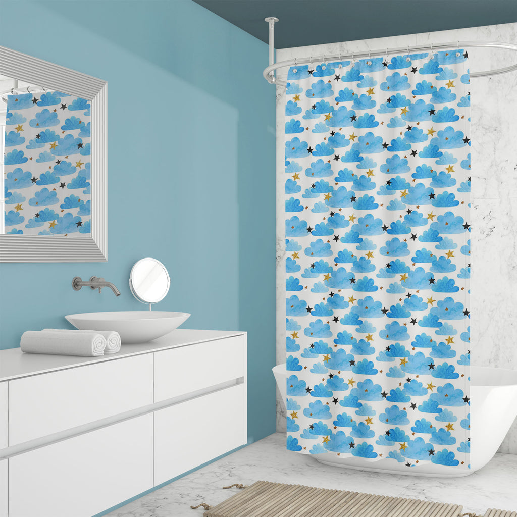 Watercolor Clouds and Stars Washable Waterproof Shower Curtain-Shower Curtains-CUR_SH_EL-IC 5017177 IC 5017177, Animated Cartoons, Baby, Black and White, Caricature, Cartoons, Children, Decorative, Digital, Digital Art, Graphic, Illustrations, Kids, Patterns, Signs, Signs and Symbols, Stars, Symbols, Watercolour, White, watercolor, clouds, and, washable, waterproof, shower, curtain, pattern, sky, star, background, blue, cartoon, childish, cloud, cute, design, element, fabric, heaven, illustration, night, pr