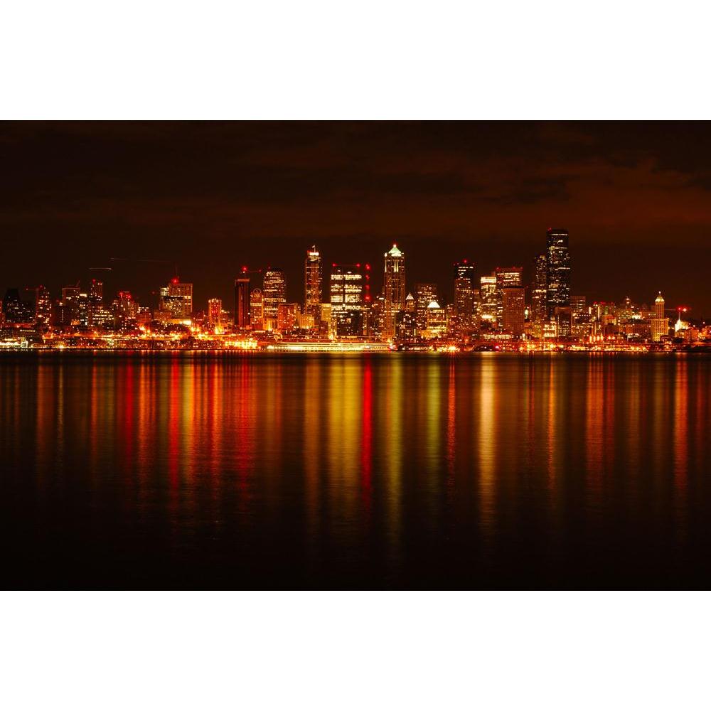 Seattle Skyline Reflected In Water, Washington USA Canvas Painting Synthetic Frame-Paintings MDF Framing-AFF_FR-IC 5000059 IC 5000059, American, Architecture, Cities, City Views, Cross, Skylines, Urban, seattle, skyline, reflected, in, water, washington, usa, canvas, painting, synthetic, frame, beautiful, building, city, cityscape, color, dazzling, downtown, golden, illuminated, light, night, poster, reflection, shine, skyscraper, artzfolio, wall decor for living room, wall frames for living room, frames fo