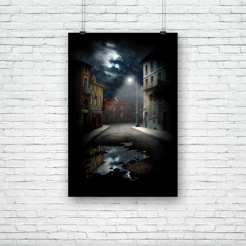 Scary Street Unframed Paper Poster-Paper Posters Unframed-POS_UN-IC 5000280 IC 5000280, Abstract Expressionism, Abstracts, Art and Paintings, Collages, Digital, Digital Art, Fantasy, Graphic, Landscapes, Realism, Scenic, Semi Abstract, Signs, Signs and Symbols, Surrealism, scary, street, unframed, paper, poster, landscape, art, illusion, surreal, collage, background, abstract, backgrounds, bizarre, building, cloud, composite, creativity, design, dreams, image, lamp, light, magic, montage, moon, mystery, nig