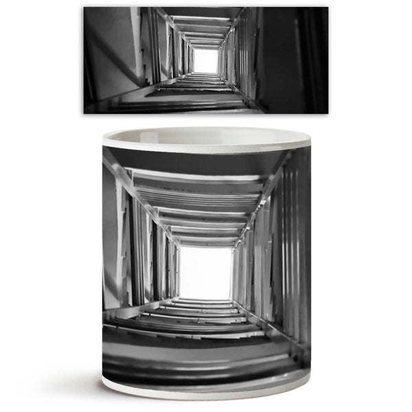 Staircase Spiral Perspective Ceramic Coffee Tea Mug Inside White-Coffee Mugs-MUG-IC 5000300 IC 5000300, Abstract Expressionism, Abstracts, Architecture, Black, Black and White, Geometric, Geometric Abstraction, Gothic, Patterns, Perspective, Semi Abstract, Signs, Signs and Symbols, Urban, White, staircase, spiral, ceramic, coffee, tea, mug, inside, abstract, background, building, concrete, construction, dark, darkness, descent, design, down, downstairs, empty, grunge, height, high, interior, light, long, mo