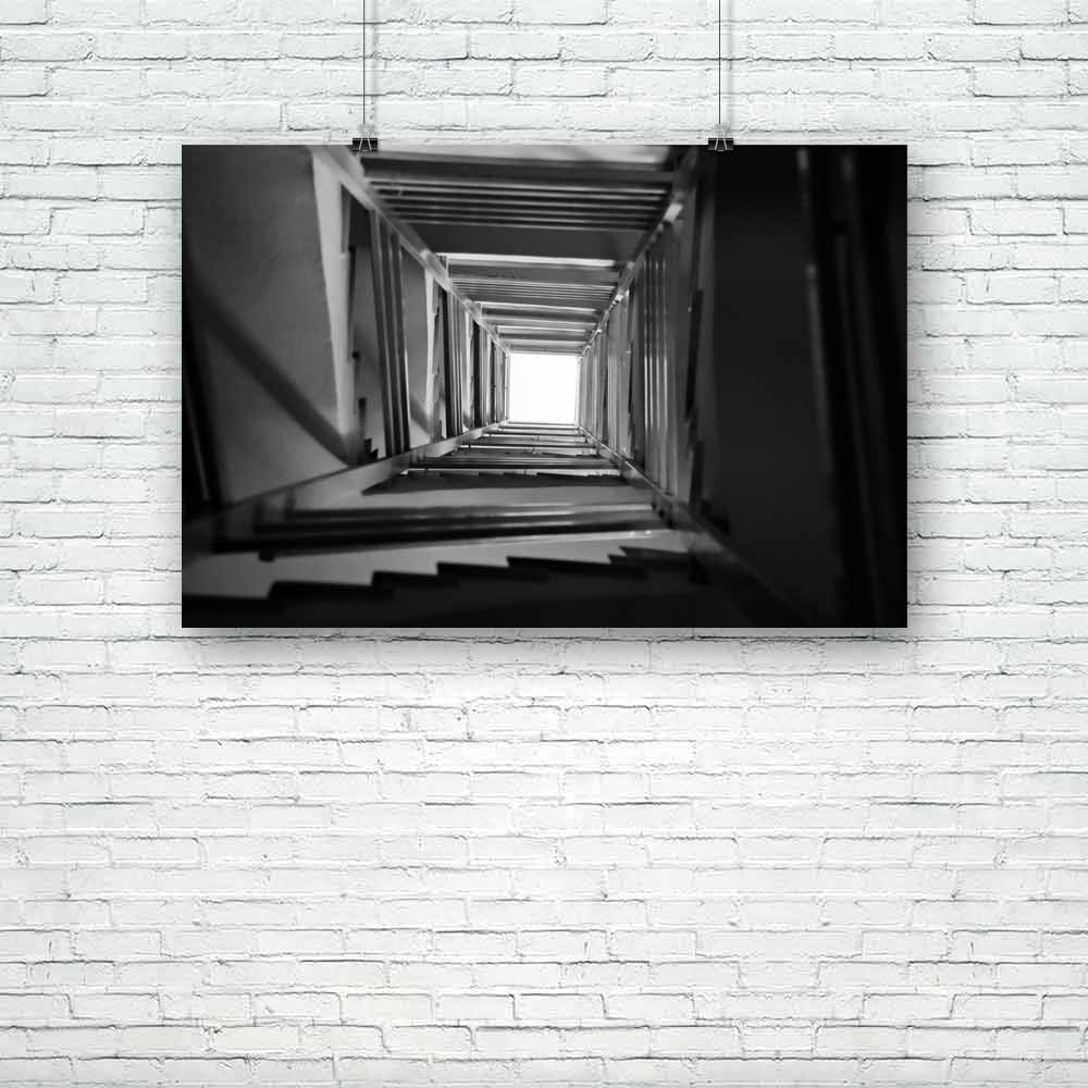 Staircase Spiral Unframed Paper Poster-Paper Posters Unframed-POS_UN-IC 5000300 IC 5000300, Abstract Expressionism, Abstracts, Architecture, Black, Black and White, Geometric, Geometric Abstraction, Gothic, Patterns, Perspective, Semi Abstract, Signs, Signs and Symbols, Urban, White, staircase, spiral, unframed, paper, poster, abstract, background, building, concrete, construction, dark, darkness, descent, design, down, downstairs, empty, grunge, height, high, interior, light, long, moody, noir, pattern, ra