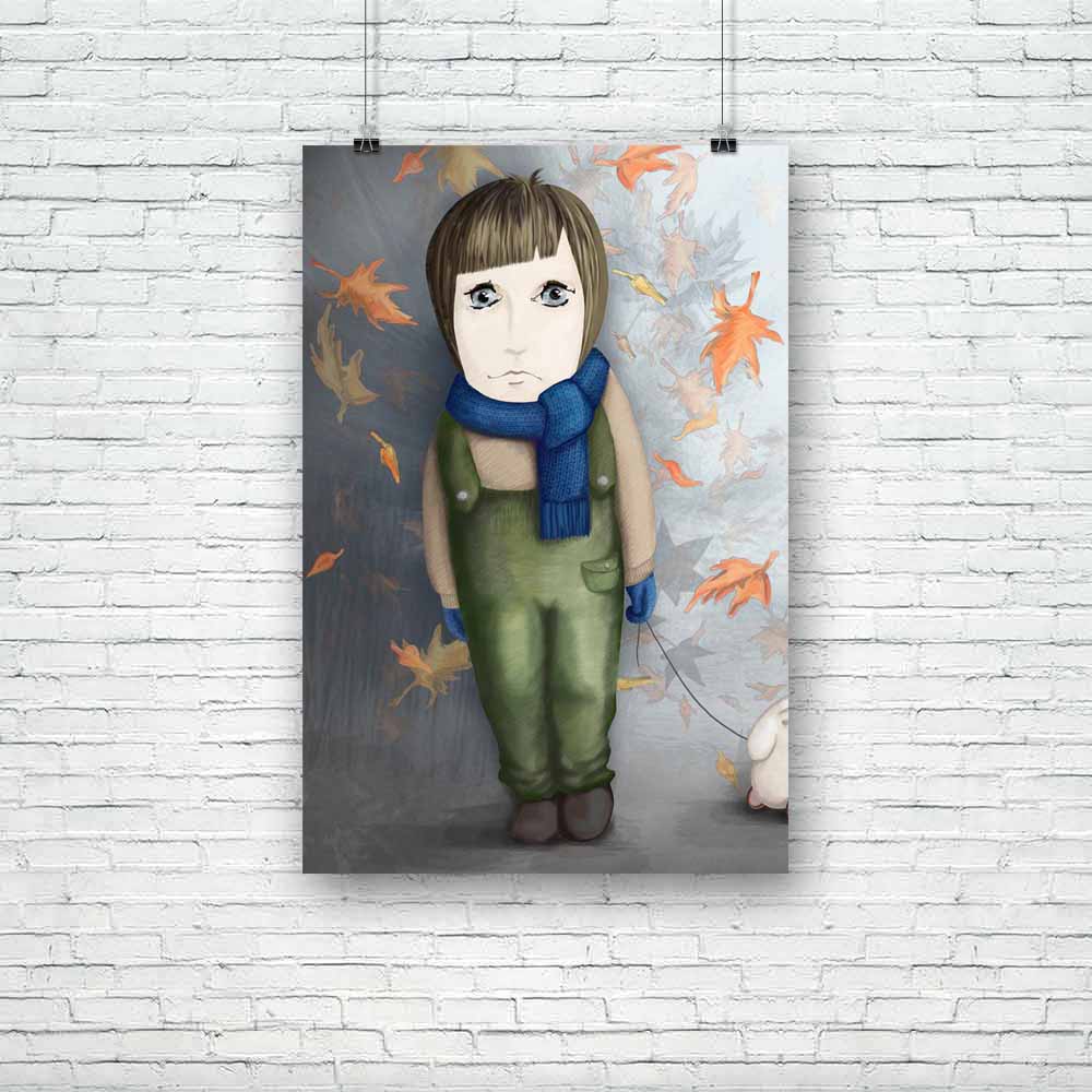 Little Girl With Rabbit Toy Unframed Paper Poster-Paper Posters Unframed-POS_UN-IC 5000334 IC 5000334, Art and Paintings, Baby, Children, Conceptual, Digital, Digital Art, Drawing, Graphic, Illustrations, Individuals, Kids, Paintings, People, Portraits, Seasons, little, girl, with, rabbit, toy, unframed, paper, poster, alone, art, autumn, blue, child, childhood, cold, color, concept, desolation, draw, face, female, full, green, grey, hold, illustration, kid, leaves, loneliness, look, object, one, paint, pai