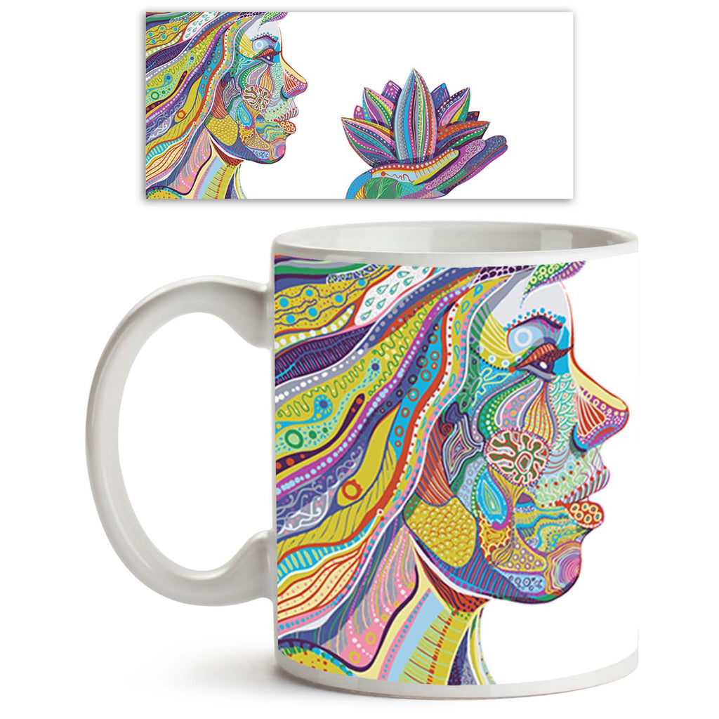 Woman With Lotus Flower Ceramic Coffee Tea Mug Inside White-Coffee Mugs-MUG-IC 5000477 IC 5000477, Abstract Expressionism, Abstracts, Art and Paintings, Asian, Black and White, Botanical, Decorative, Drawing, Fantasy, Floral, Flowers, Geometric Abstraction, Illustrations, Indian, Nature, Patterns, People, Scenic, Semi Abstract, Signs, Signs and Symbols, White, woman, with, lotus, flower, ceramic, coffee, tea, mug, inside, art, abstract, mystical, pattern, abstraction, asia, bright, color, colorful, decor, d
