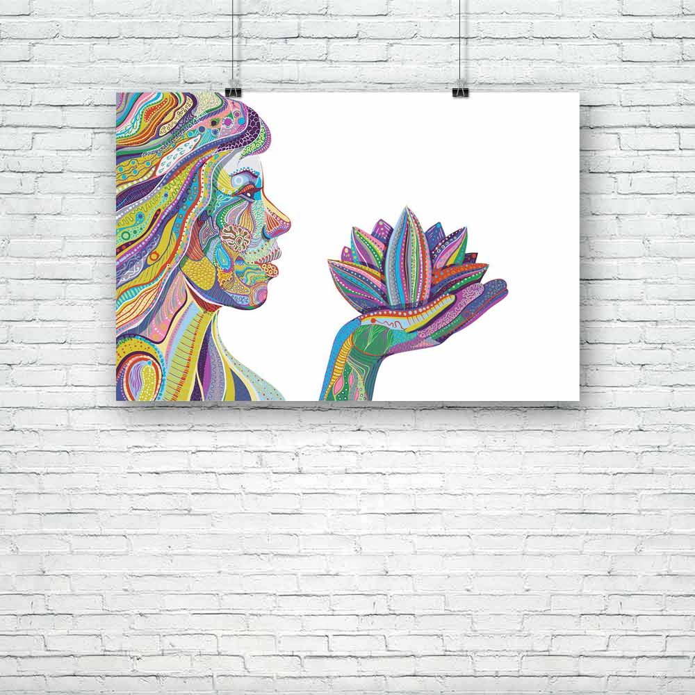 Woman With Lotus Flower Unframed Paper Poster-Paper Posters Unframed-POS_UN-IC 5000477 IC 5000477, Abstract Expressionism, Abstracts, Art and Paintings, Asian, Black and White, Botanical, Decorative, Drawing, Fantasy, Floral, Flowers, Geometric Abstraction, Illustrations, Indian, Nature, Patterns, People, Scenic, Semi Abstract, Signs, Signs and Symbols, White, woman, with, lotus, flower, unframed, paper, poster, art, abstract, mystical, pattern, abstraction, asia, bright, color, colorful, decor, decoration,
