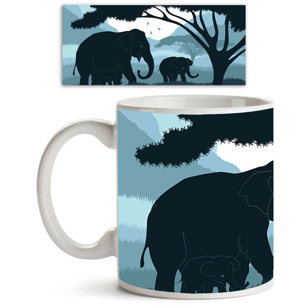 Elephant Family In Wild Africa Ceramic Coffee Tea Mug Inside White-Coffee Mugs-MUG-IC 5000482 IC 5000482, African, Animals, Automobiles, Birds, Black, Black and White, Culture, Ethnic, Family, Landscapes, Mountains, Nature, Scenic, Skylines, Sunsets, Traditional, Transportation, Travel, Tribal, Vehicles, World Culture, elephant, in, wild, africa, ceramic, coffee, tea, mug, inside, white, silhouette, acacia, adventure, animal, background, big, bird, blue, bush, cliff, creature, dawn, earth, environment, fiel