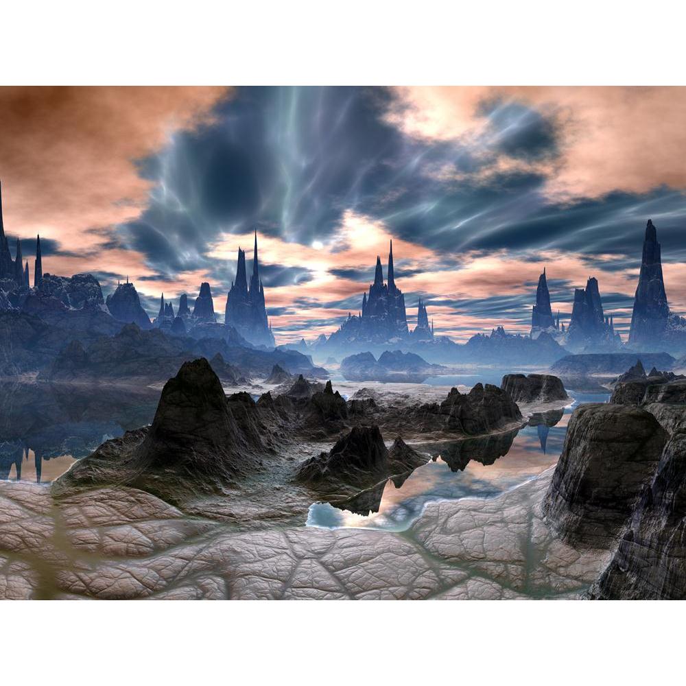 Electrical Storms Over Rock Towers On Alien World Canvas Painting Synthetic Frame-Paintings MDF Framing-AFF_FR-IC 5000488 IC 5000488, Astronomy, Cosmology, Digital, Digital Art, Fantasy, Futurism, Graphic, Illustrations, Mountains, Science Fiction, Skylines, Space, electrical, storms, over, rock, towers, on, alien, world, canvas, painting, synthetic, frame, abandoned, background, beach, blue, clouds, day, daytime, electric, empty, environment, fiction, future, futuristic, illustration, lightning, planet, ri