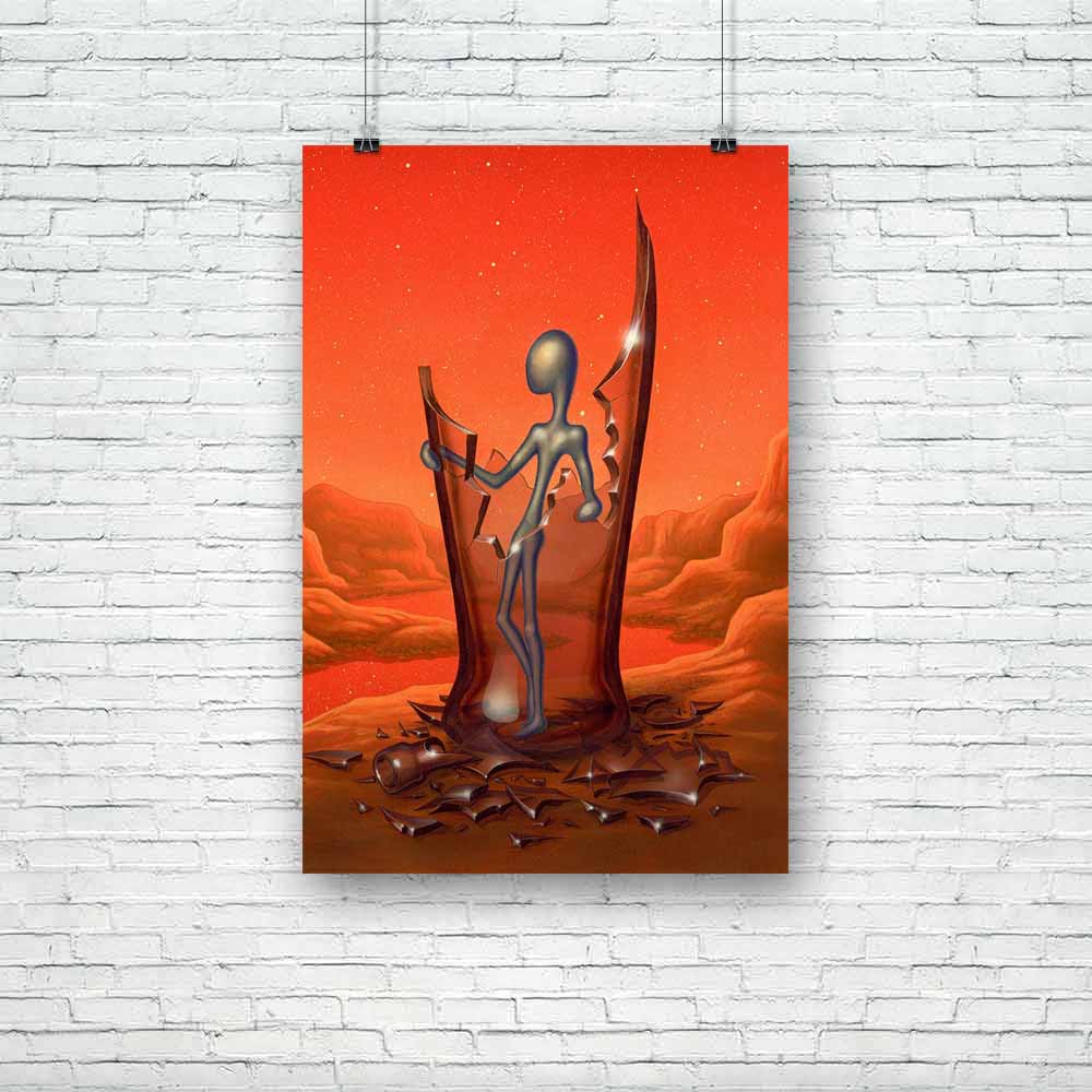 Surreal Alien Figure In A Broken Glass Bottle Unframed Paper Poster-Paper Posters Unframed-POS_UN-IC 5000658 IC 5000658, Art and Paintings, Fantasy, Landscapes, Paintings, Realism, Scenic, Sunsets, Surrealism, surreal, alien, figure, in, a, broken, glass, bottle, unframed, paper, poster, art, beginnings, bizarre, breaking, countryside, dreams, drinking, escape, fragility, freedom, futuristic, landscape, leaving, loneliness, new, one, person, paint, painted, image, painting, red, remote, river, riverbank, ro