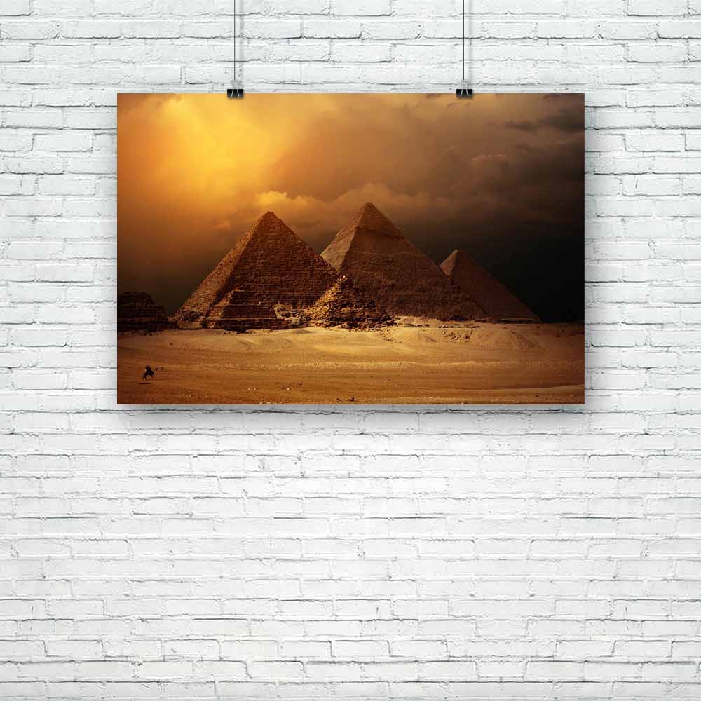 Pyramids In Giza Valley With Yellow Dark Clouds Unframed Paper Poster-Paper Posters Unframed-POS_UN-IC 5000721 IC 5000721, African, Ancient, Architecture, Eygptian, Historical, Landmarks, Landscapes, Marble and Stone, Medieval, Places, Scenic, Sunsets, Triangles, Vintage, pyramids, in, giza, valley, with, yellow, dark, clouds, unframed, paper, poster, egypt, pyramid, egyptian, pharaoh, cairo, africa, antique, archeology, camel, cheops, cloudscape, cloudy, desert, distance, dry, egyptology, great, history, l